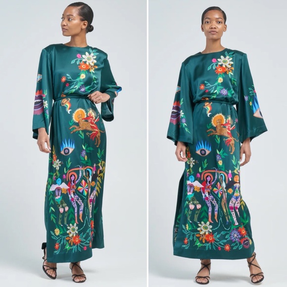 Alemais Agatha Printed Graphic Maxi Midi Slit Belted Dark Green Dress size US 6 - Picture 6 of 15